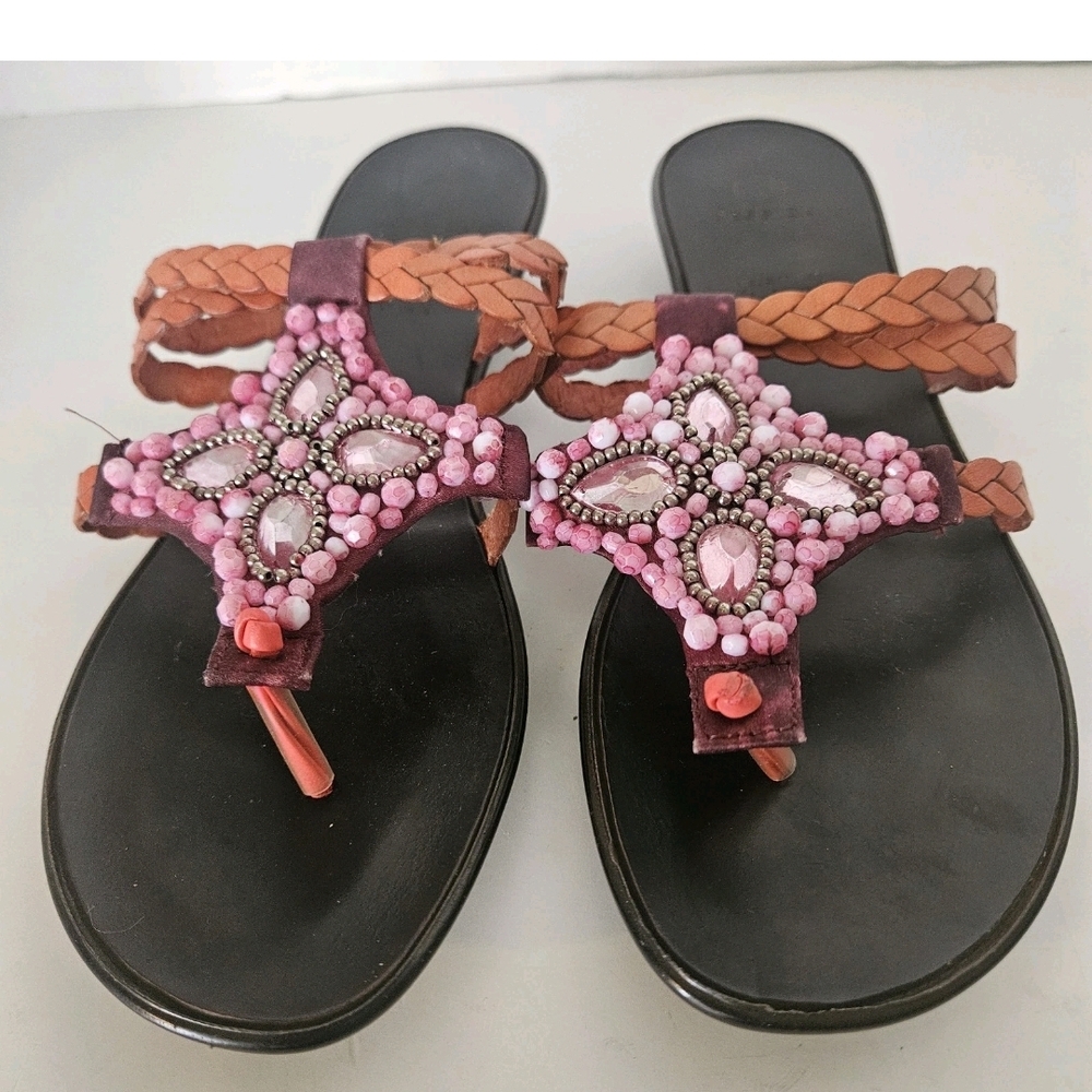Jessica Womens Leather Jewel Thomg Sandal Size 8.5 Pink Embellished Summer